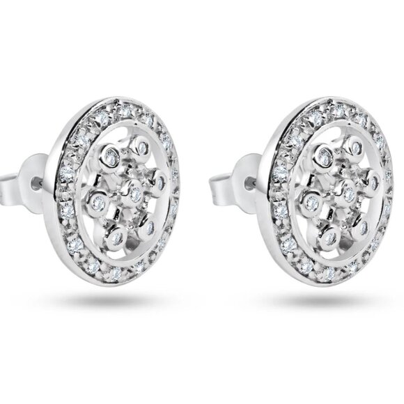 Sterling Silver 925 Rhodium Plated Round Helm Wheel CZ Stud Earrings - Picture 10 of 10
